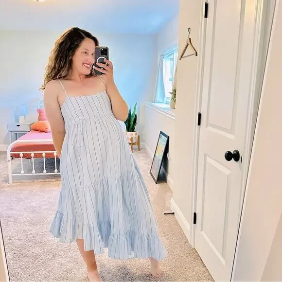 Frame Blue Striped Cotton Hemp Asymmetric Maxi Dress Small - Picture 1 of 13